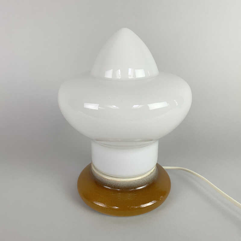 Vintage opal glass and ceramic table lamp by Ivan Jakes for Osvětlovací Sklo, Czechoslovakia 1960