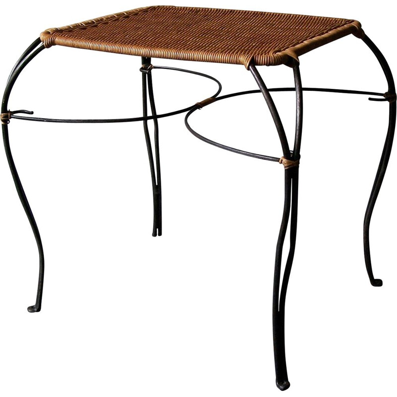 Vintage rattan and black iron Scandinavian wine table