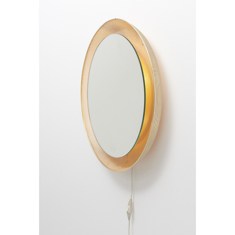 Vintage round mirror backlit by Mathieu Mategot for Artimeta, Netherlands 1956