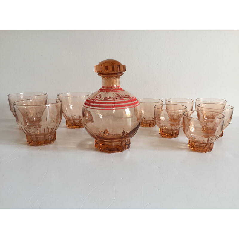 Vintage pink glass digestive set, France