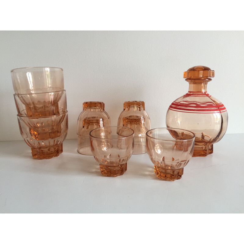 Vintage pink glass digestive set, France