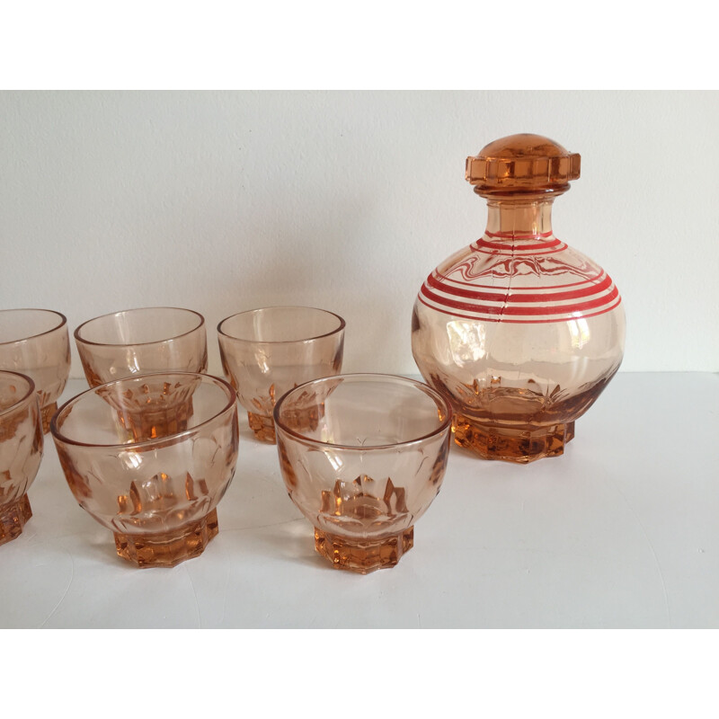 Vintage pink glass digestive set, France