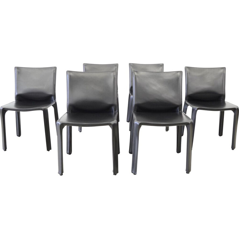 6 chaises vintage Cassina Cab412 en cuir noir de Mario Bellini
