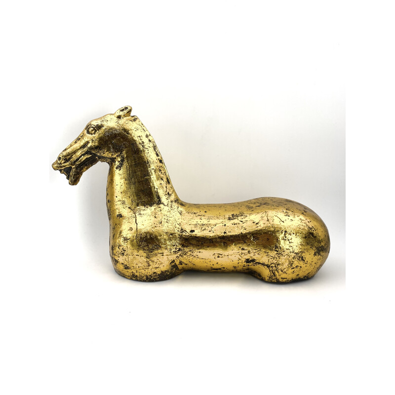 Large vintage horse sculpture in cast iron and gold leaf, large Han dynasty, China