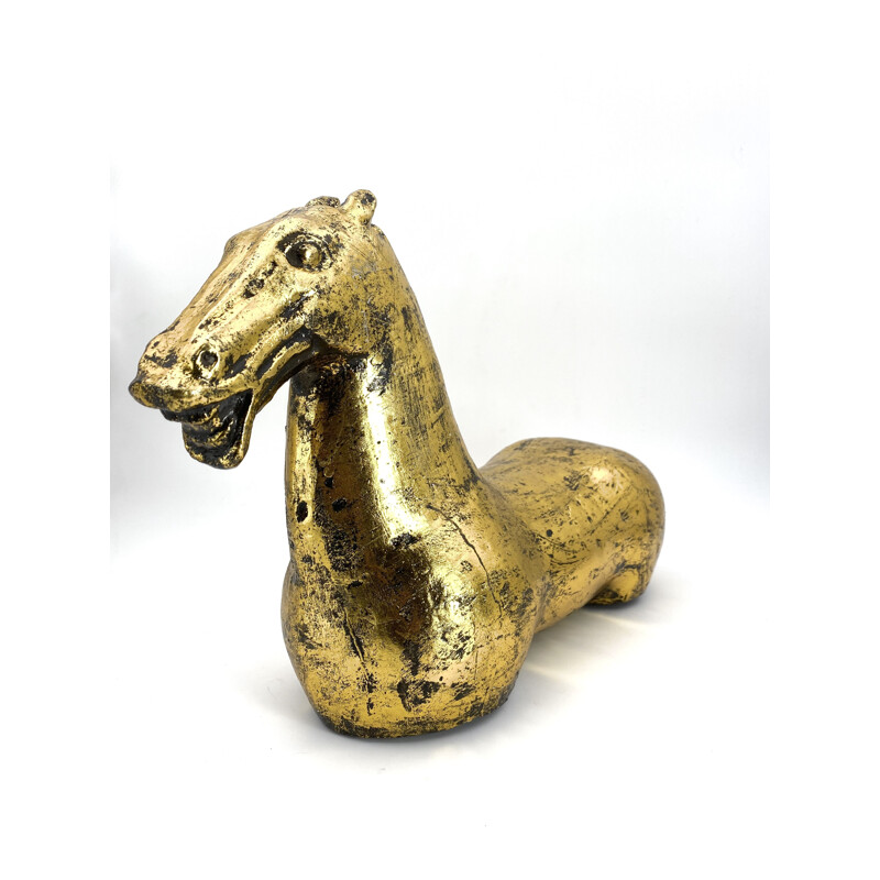 Large vintage horse sculpture in cast iron and gold leaf, large Han dynasty, China