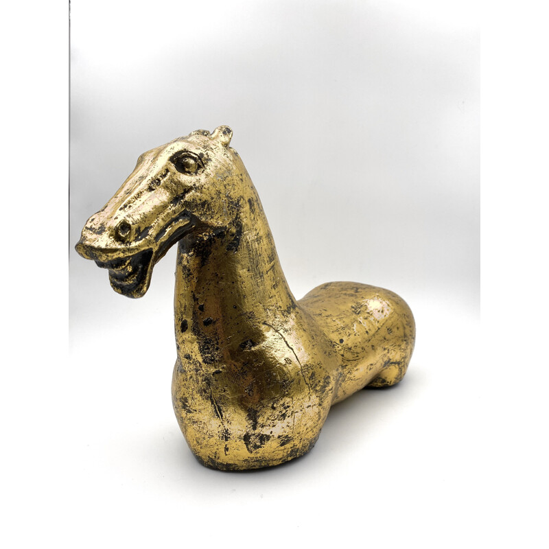 Grande sculpture vintage de cheval en fonte de fer et feuille d'or, grande dynastie Han, Chine