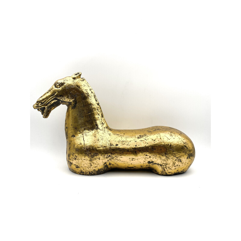 Large vintage horse sculpture in cast iron and gold leaf, large Han dynasty, China