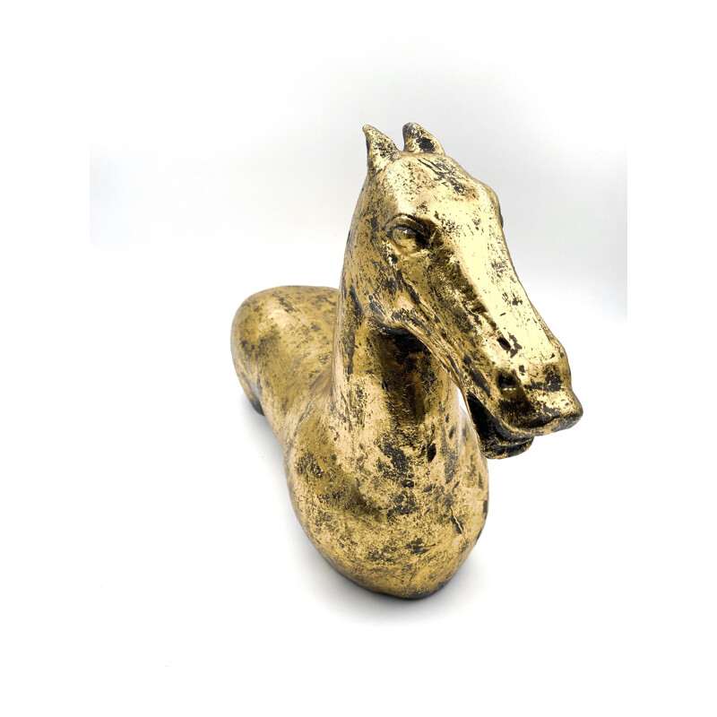 Large vintage horse sculpture in cast iron and gold leaf, large Han dynasty, China