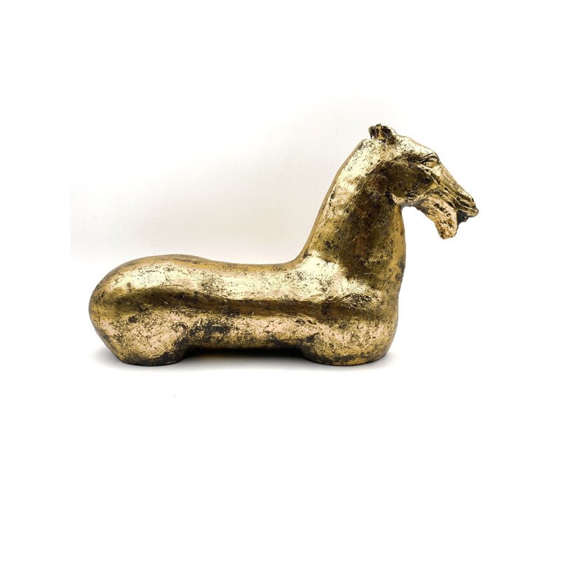 Large vintage horse sculpture in cast iron and gold leaf, large Han dynasty, China