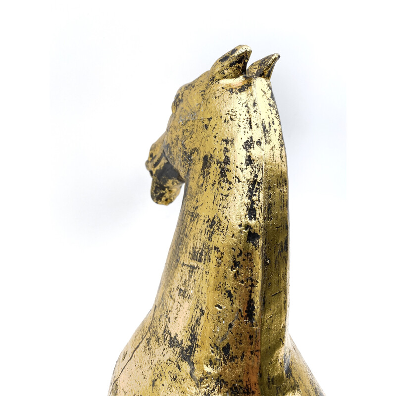 Large vintage horse sculpture in cast iron and gold leaf, large Han dynasty, China