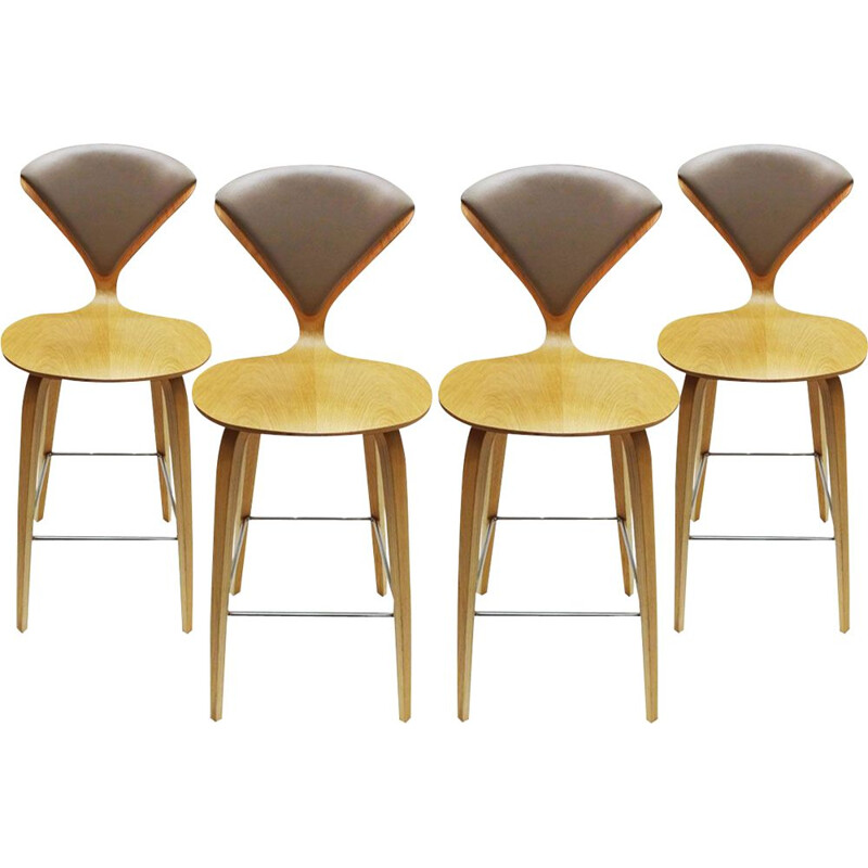 Set of 4 vintage oak, chrome and plywood bar stools by Norman Cherner