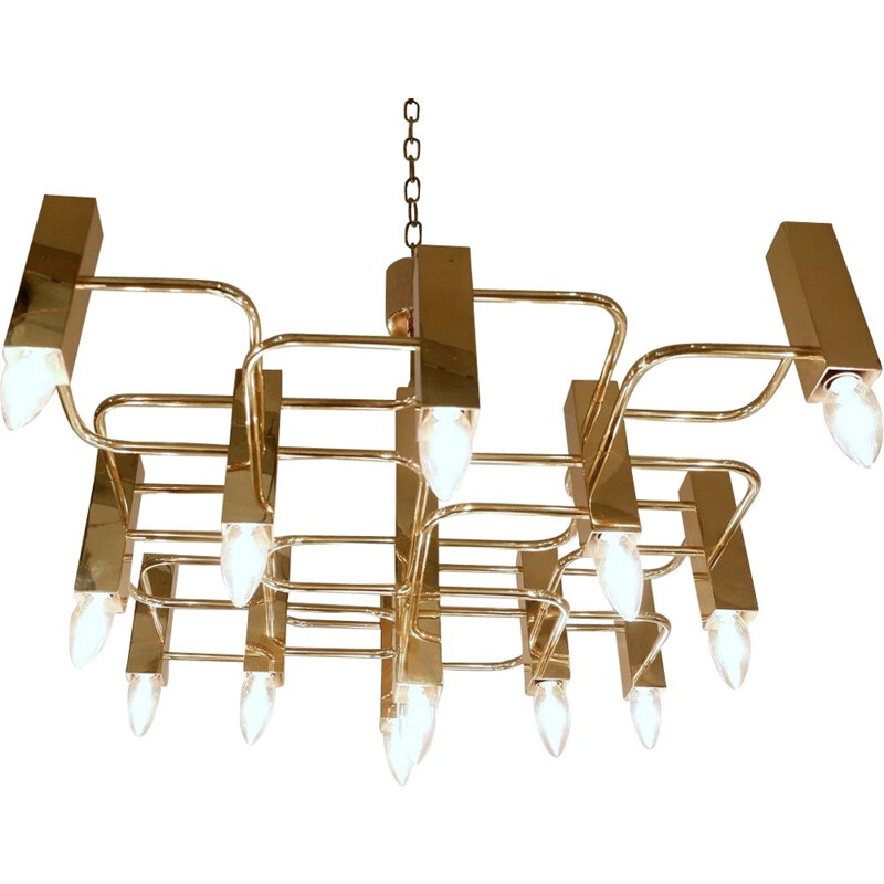 Vintage Gaetano Sciolari Brass Chandelier with 13 Luminous Points, 1970