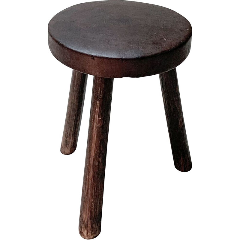 Vintage wood and leather tripod stool, 1950