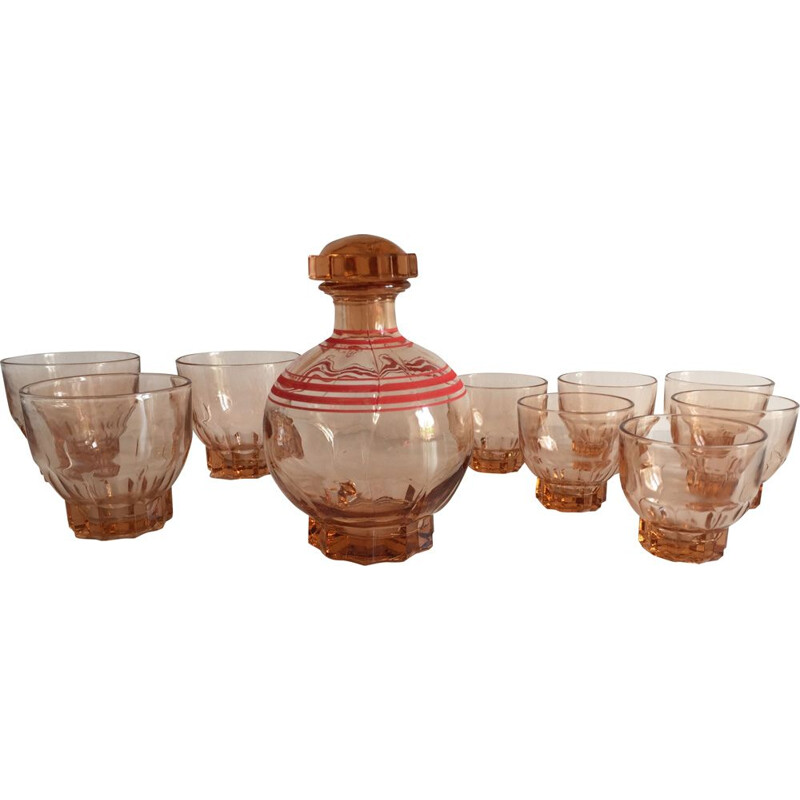 Vintage pink glass digestive set, France