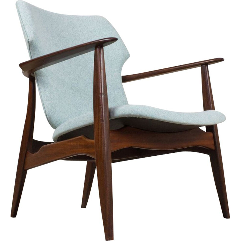 Vintage felt and teak lounge armchair, Tolga Louis van Teeffelen 1960