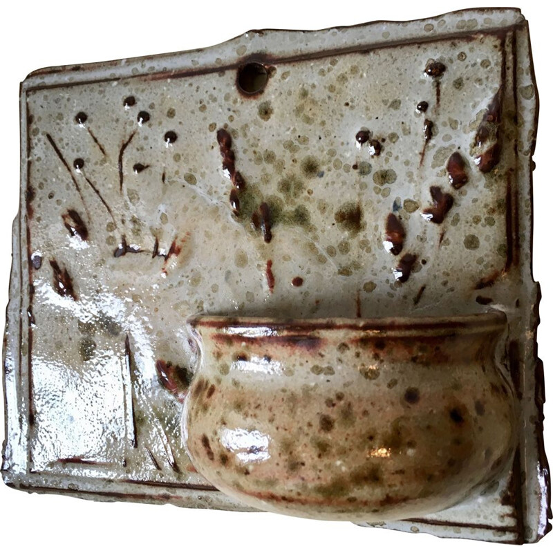 Vintage pocket or wall-mounted flowerpot in enamelled stoneware 