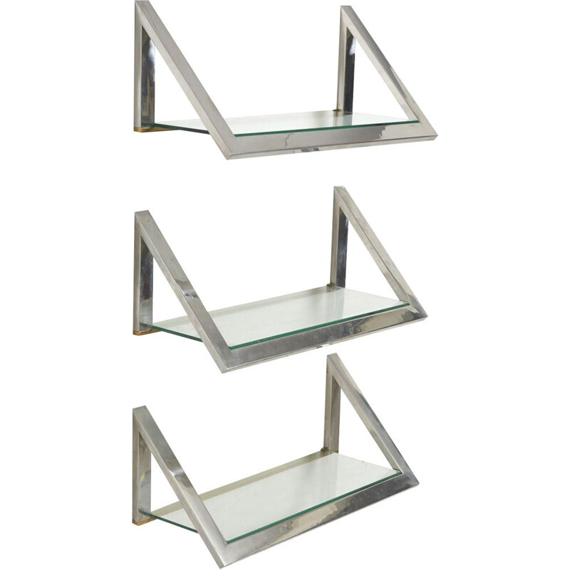 Set of 3 vintage glass shelves with chrome frame 1970