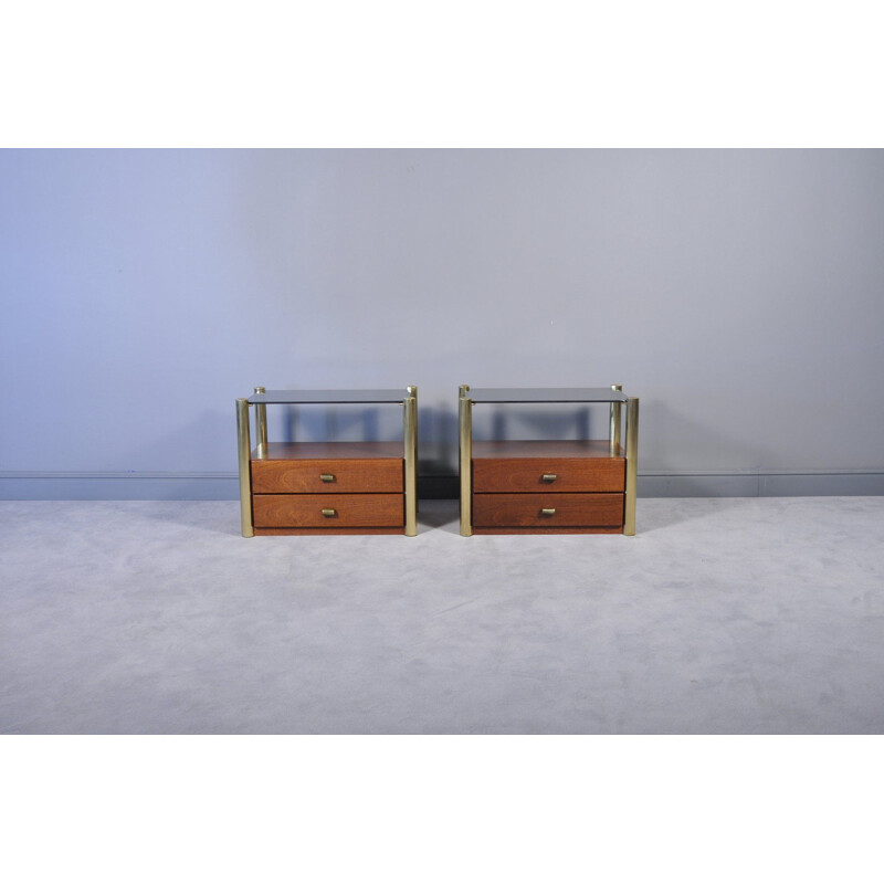 Pair of Mid-Century Smoked Glass, Wood, and Brass Nightstands, Italian 1970s