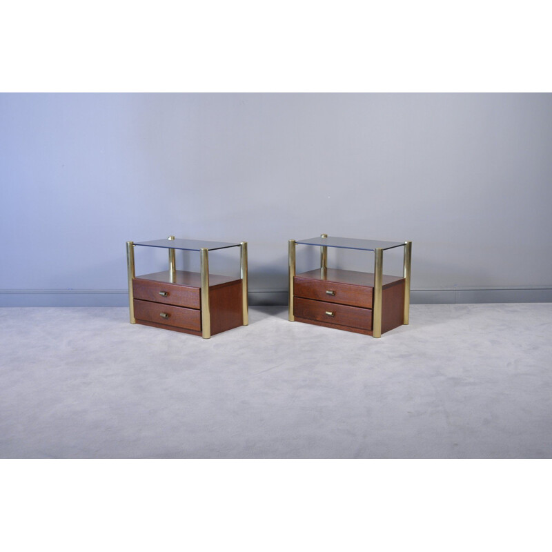 Pair of Mid-Century Smoked Glass, Wood, and Brass Nightstands, Italian 1970s
