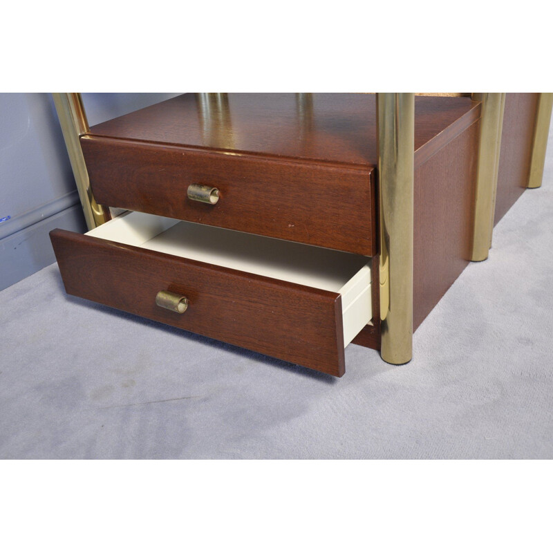 Pair of Mid-Century Smoked Glass, Wood, and Brass Nightstands, Italian 1970s