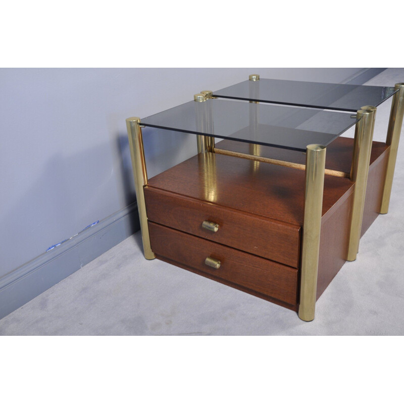 Pair of Mid-Century Smoked Glass, Wood, and Brass Nightstands, Italian 1970s