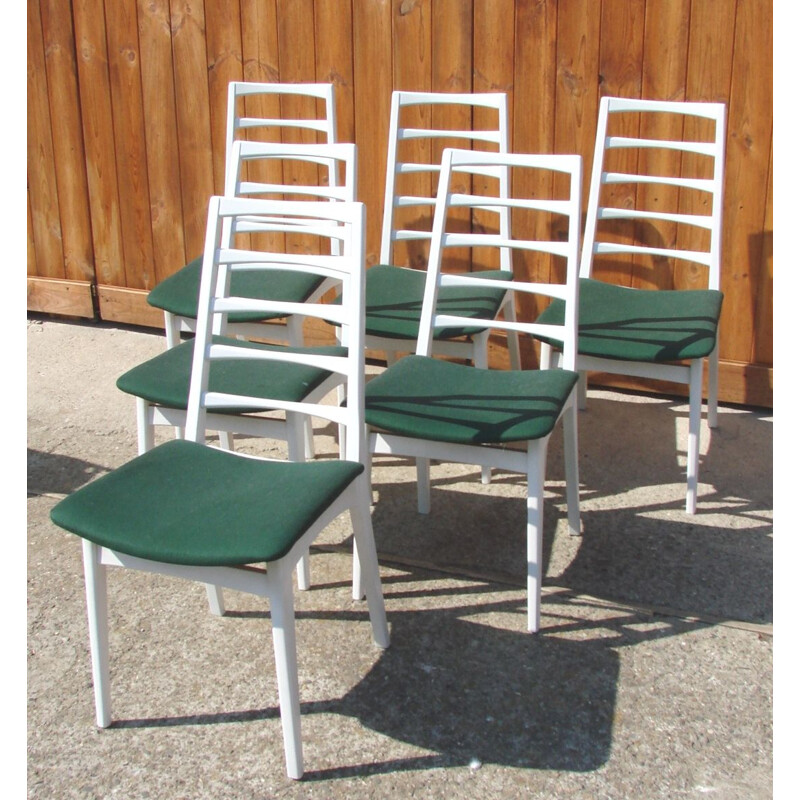 Set of 6 vintage wood and fabric chairs, 1970