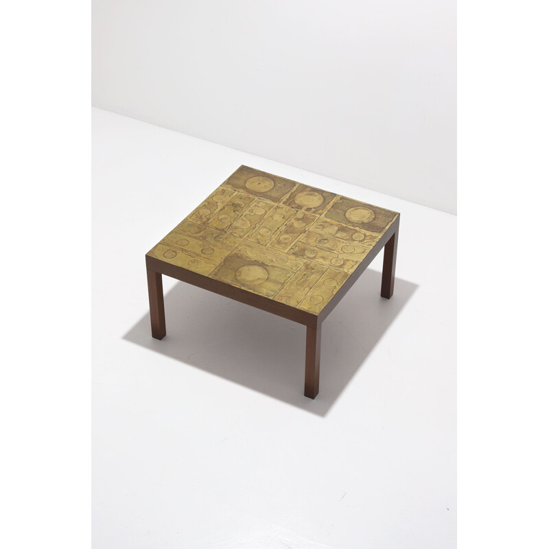 Vintage brass side table, decorative and engraved, Belgium 1970