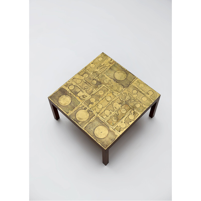 Vintage brass side table, decorative and engraved, Belgium 1970