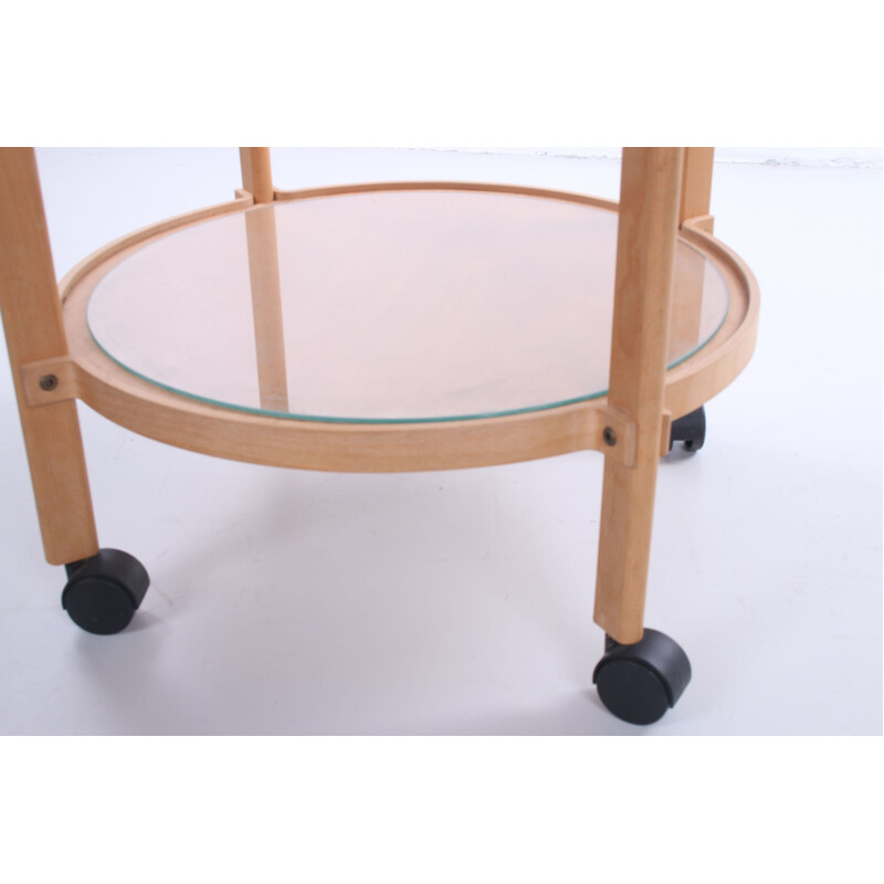 Vintage Round wooden trolley with glass plates and wheels