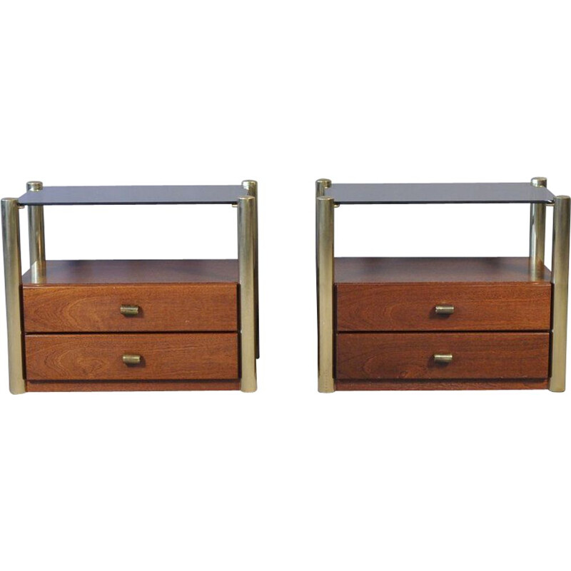 Pair of Mid-Century Smoked Glass, Wood, and Brass Nightstands, Italian 1970s