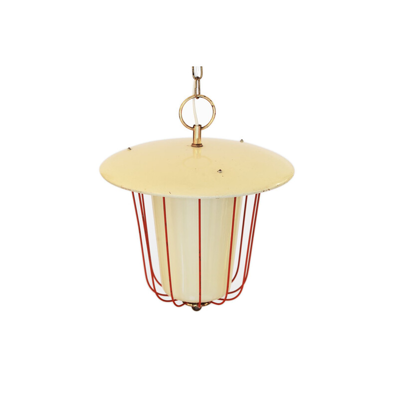 Vintage Red and beige lantern style pendant light Sweden 1950s