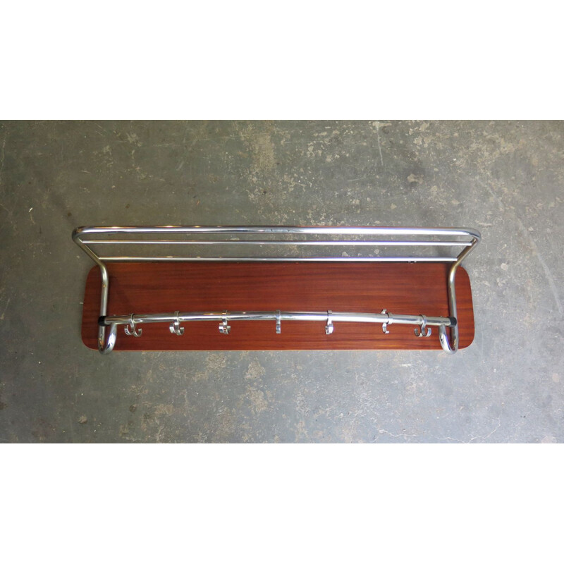 Vintage coat rack chrome-plated in a wood plank 1950