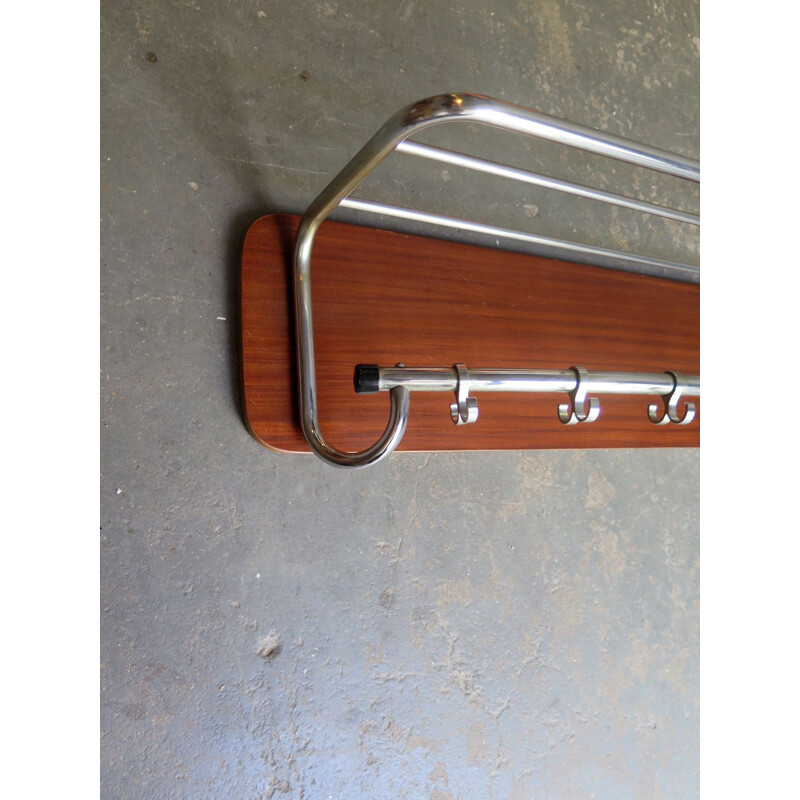 Vintage coat rack chrome-plated in a wood plank 1950