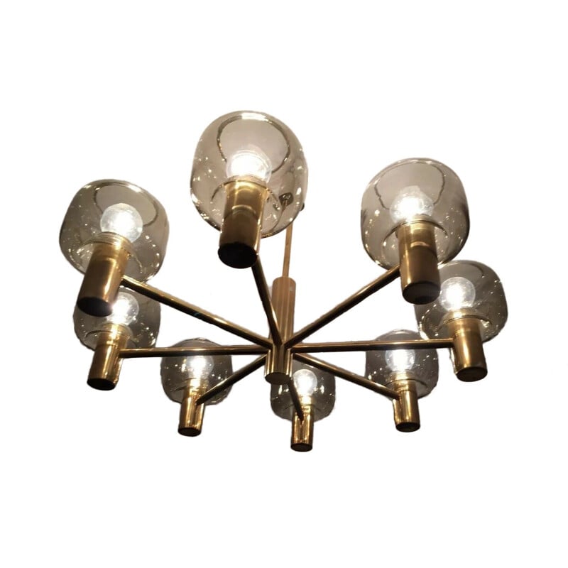 Vintage 8-arm brass and glass chandelier, Hans Agne Jakobsson