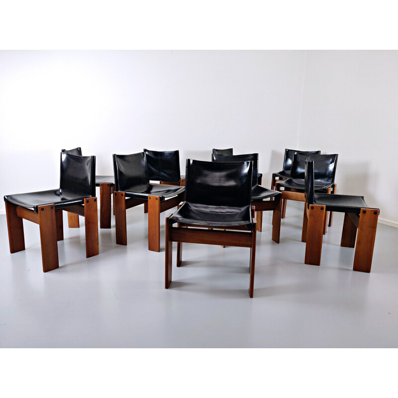 Lot de 10 chaises vintage en cuir, modèle "Monk" par Afra et Tobia Scarpa pour Molteni 1973