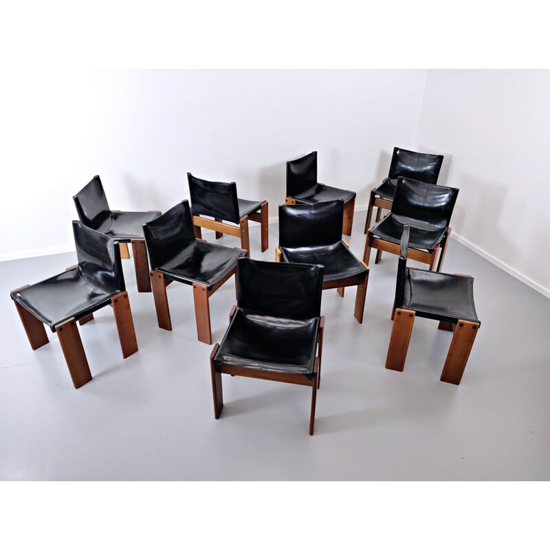 Lot of 10 vintage leather chairs, model "Monk" by Afra and Tobia Scarpa for Molteni 1973