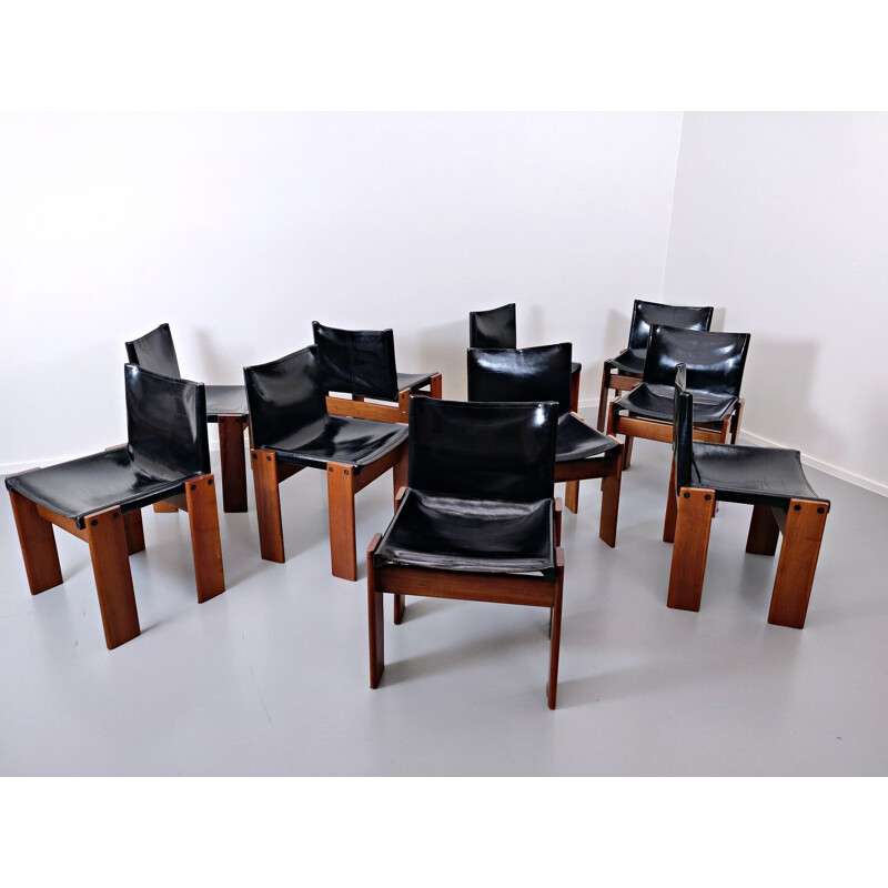 Lot of 10 vintage leather chairs, model "Monk" by Afra and Tobia Scarpa for Molteni 1973