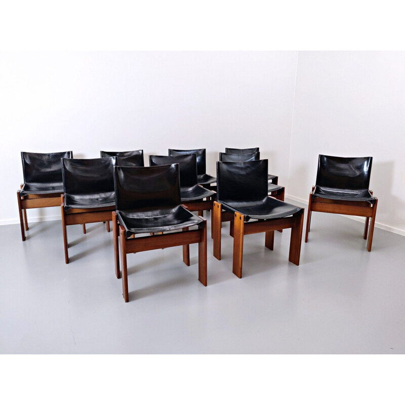 Lot of 10 vintage leather chairs, model "Monk" by Afra and Tobia Scarpa for Molteni 1973