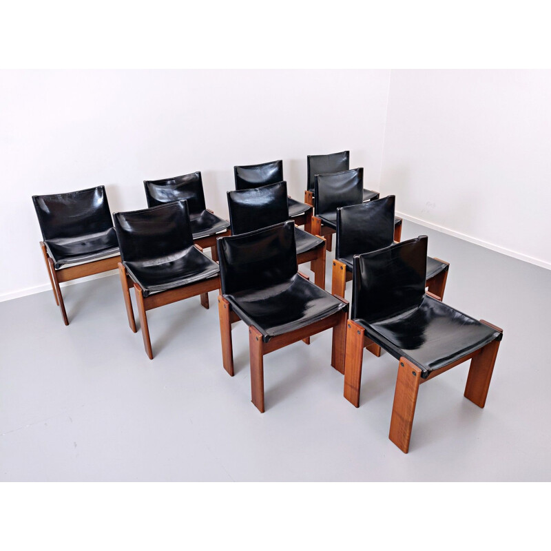 Lot of 10 vintage leather chairs, model "Monk" by Afra and Tobia Scarpa for Molteni 1973