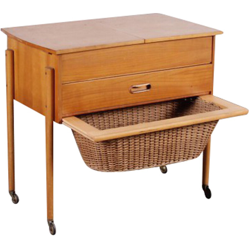 Scandinavian nut-wood sewing box on wheels in walnut, beech and rattan - 1960s