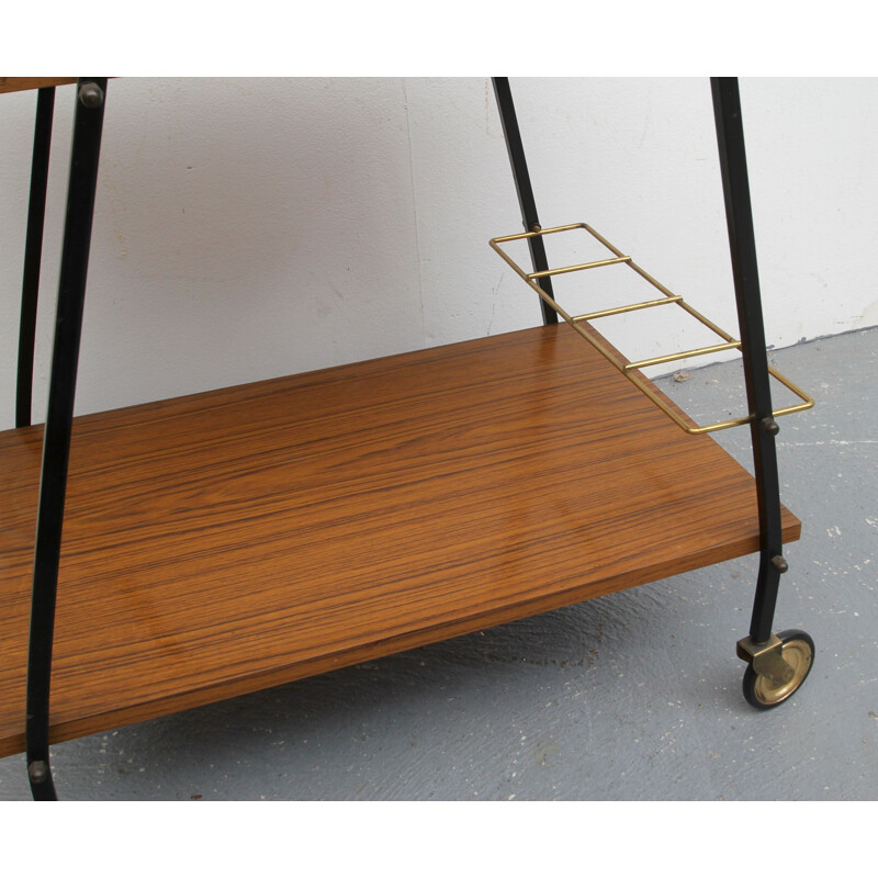 Vintage bar trolley in wooden formica and brass 1960s