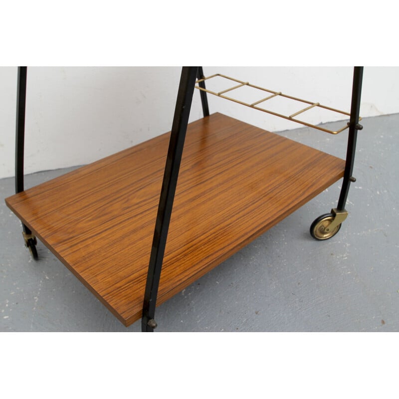 Vintage bar trolley in wooden formica and brass 1960s