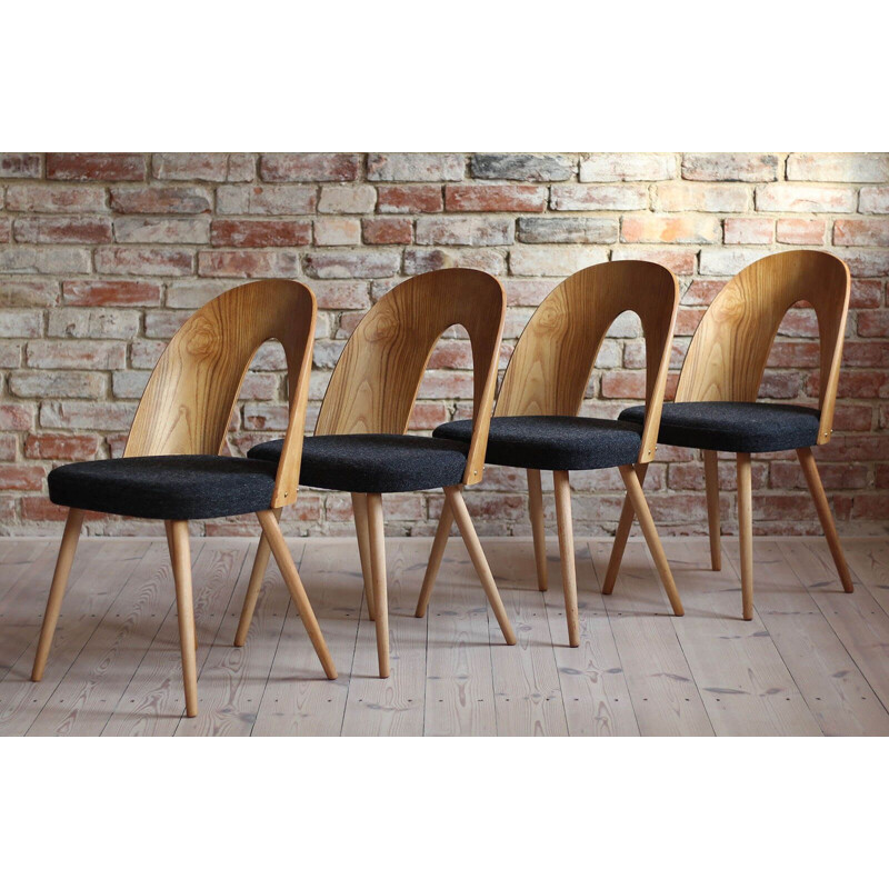 Set of 4 Midcentury Dining Chairs by Antonin Šuman in Melange Black Wool by Kvadrat 1960s