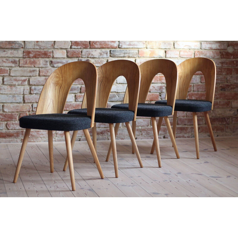 Set of 4 Midcentury Dining Chairs by Antonin Šuman in Melange Black Wool by Kvadrat 1960s