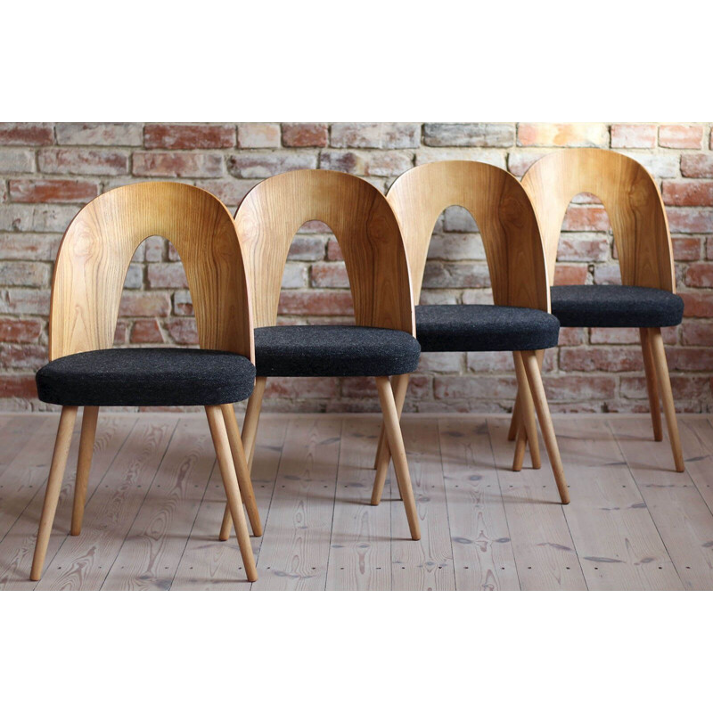 Set of 4 Midcentury Dining Chairs by Antonin Šuman in Melange Black Wool by Kvadrat 1960s