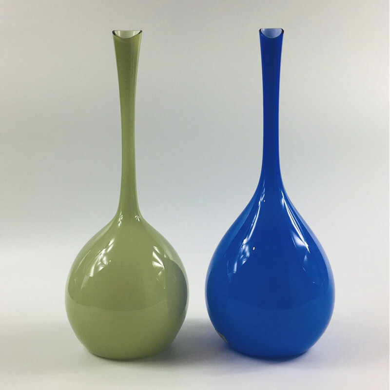 Pair of vintage Large Glass Vases by Gunnar Ander for Lindshammar Sweden 1950s