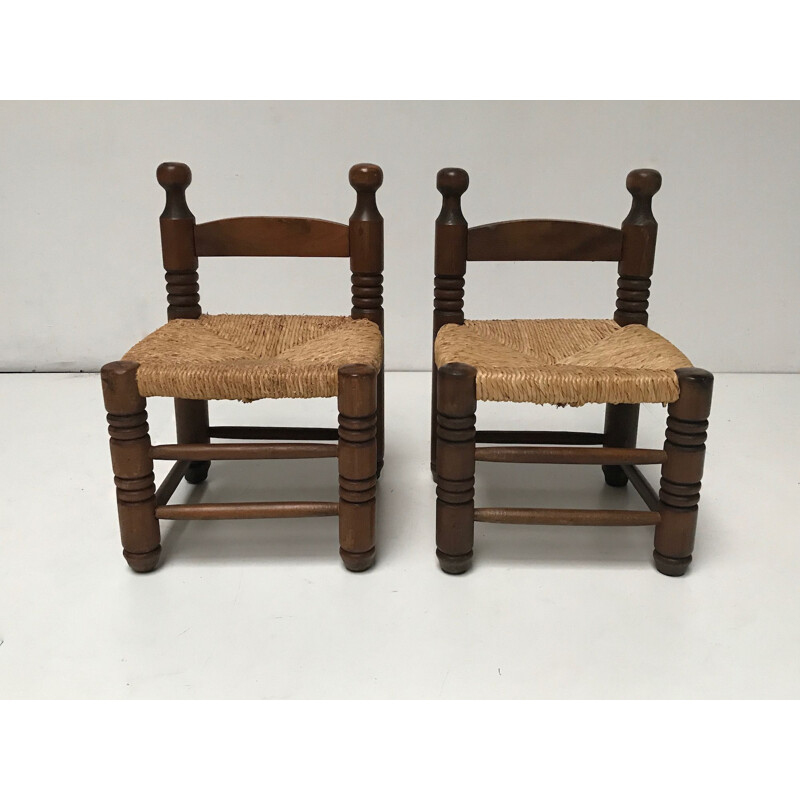 Pair of Vintage Rustic wicker and oak low stools by Charles Charles Dudouyt 1940s