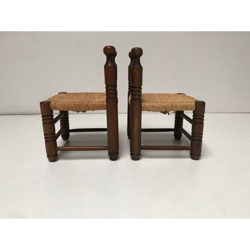 Pair of Vintage Rustic wicker and oak low stools by Charles Charles Dudouyt 1940s