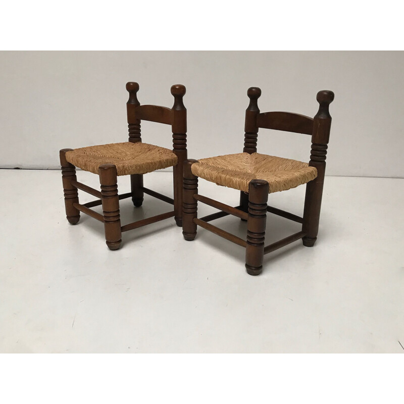 Paire de tabourets bas Vintage Rustic en osier et chêne de Charles Dudouyt 1940