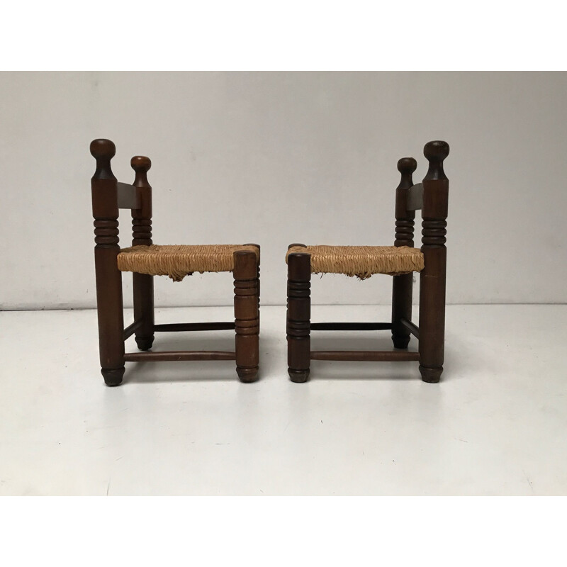 Pair of Vintage Rustic wicker and oak low stools by Charles Charles Dudouyt 1940s